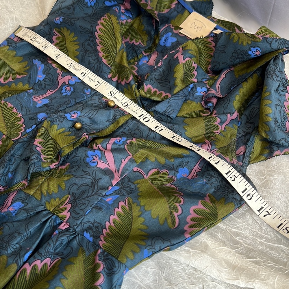 Vanessa Virginia Anthropologie Blue/Green Floral Print Peplum Blouse Size 0 - Picture 13 of 15
